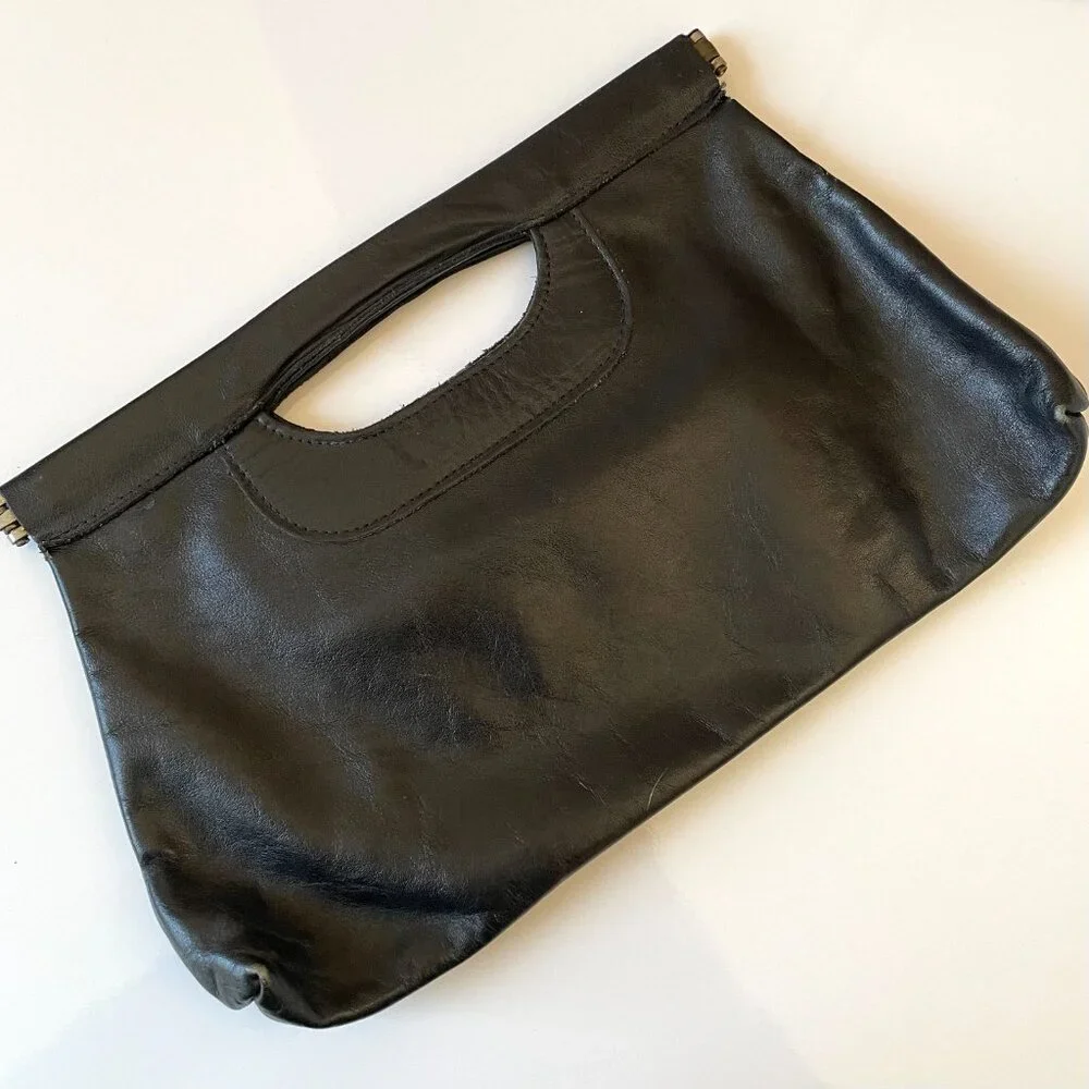 Vintage Black Genuine Leather Double Hinged Clutch with Cut Out Handle